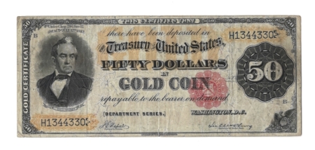 Large Gold Certificates 1882 $50 GOLD CERTIFICATE, FR-1197, F/VF-NET, SM MARGIN TEAR & REPAIR-ATTRACTIVE