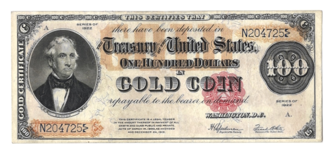 1922 $100 GOLD CERTIFICATE, FR-1215, CHOICE VF, BRIGHT, PRETTY NOTE!