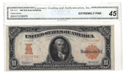 Large Gold Certificates 1907 $10 GOLD CERTIFICATE, FR-1171, EXTREMELY FINE, BRIGHT & ATTRACTIVE!