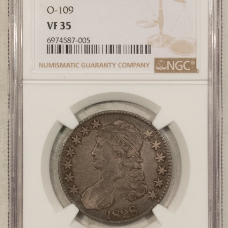 Early Halves 1828 LARGE 8 SQUARE 2 CAPPED BUST HALF DOLLAR, O-109 – NGC VF-35, NICE ORIGINAL!