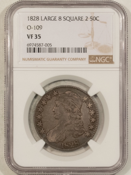 Early Halves 1828 LARGE 8 SQUARE 2 CAPPED BUST HALF DOLLAR, O-109 – NGC VF-35, NICE ORIGINAL!