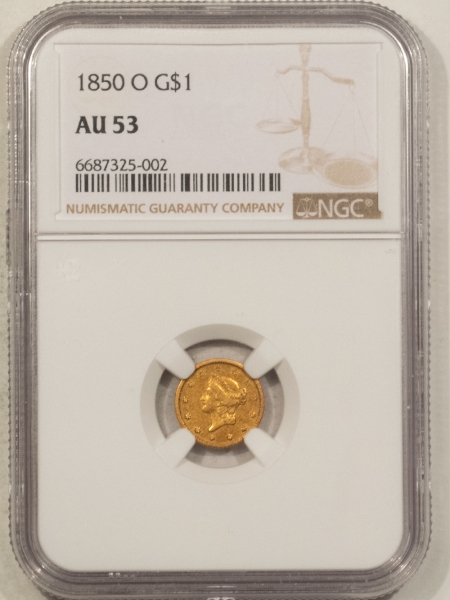 $1 1850-O $1 GOLD DOLLAR – NGC AU-53, REALLY TOUGH DATE, NICE COLOR!