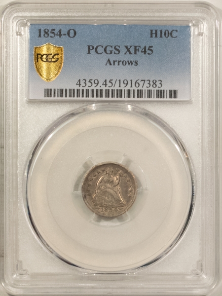 Liberty Seated Half Dimes 1854-O SEATED LIBERTY HALF DIME, ARROWS – PCGS XF-45, LOOKS AU, TOUGH!