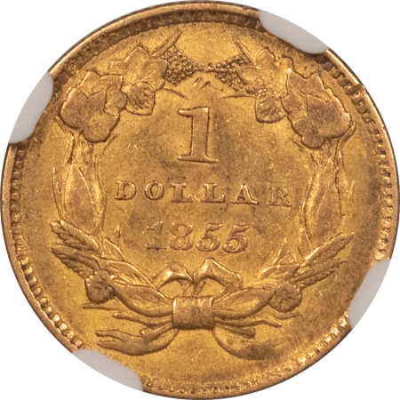 $1 1855 TYPE 2 $1 GOLD DOLLAR – NGC AU-53, ORIGINAL W/ LUSTER