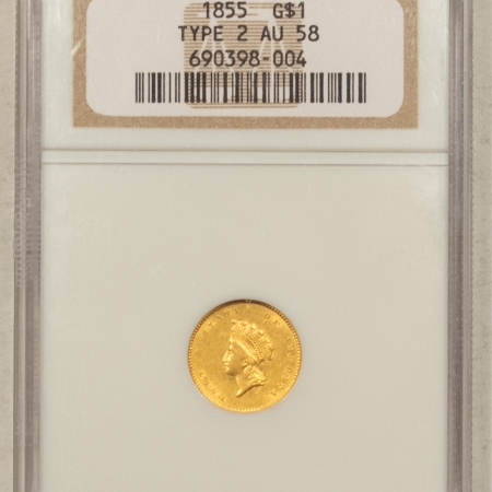 $1 1855 $1 GOLD DOLLAR, TYPE 2 – NGC AU-58, LUSTROUS & MARK-FREE