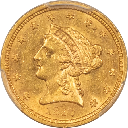 $2.50 1857 $2.50 LIBERTY GOLD QUARTER EAGLE – PCGS MS-61, FLASHY TOUGH EARLIER DATE!