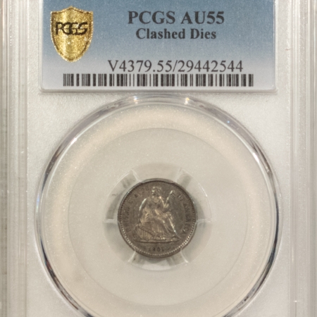 Liberty Seated Dimes 1861 SEATED LIBERTY HALF DIME, CLASHED DIES – PCGS AU-55, PRETTY! MINOR VARIETY