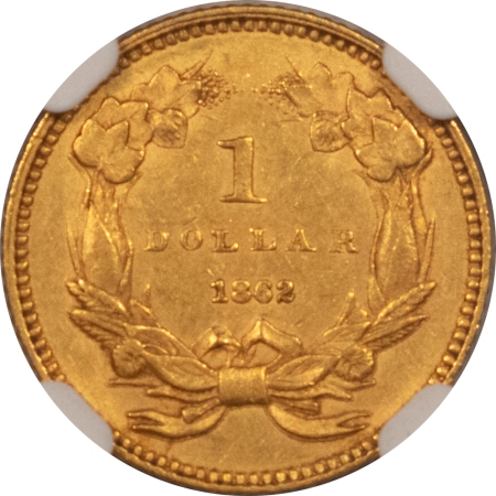 $1 1862 $1 GOLD DOLLAR – NGC MS-61, CIVIL WAR DATE!