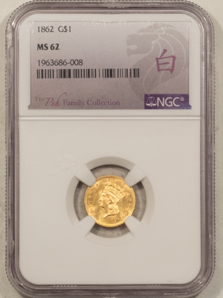 $1 1862 $1 GOLD DOLLAR – NGC MS-62, THE PEK FAMILY COLLECTION! CIVIL WAR DATE!