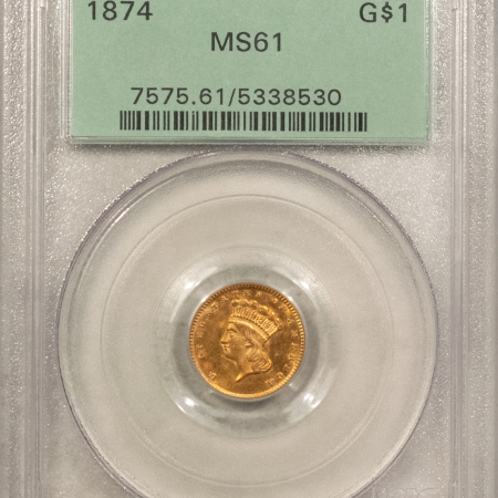 $1 1874 $1 GOLD DOLLAR – PCGS MS-61, OLD GREEN HOLDER & PREMIUM QUALITY!