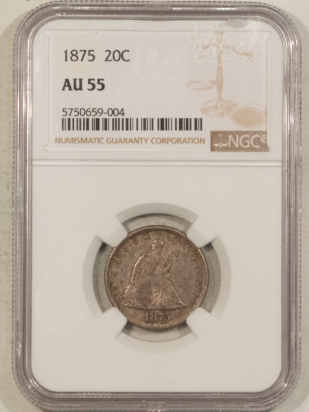 New Certified Coins 1875 TWENTY CENT PIECE – NGC AU-55, ORIGINAL!