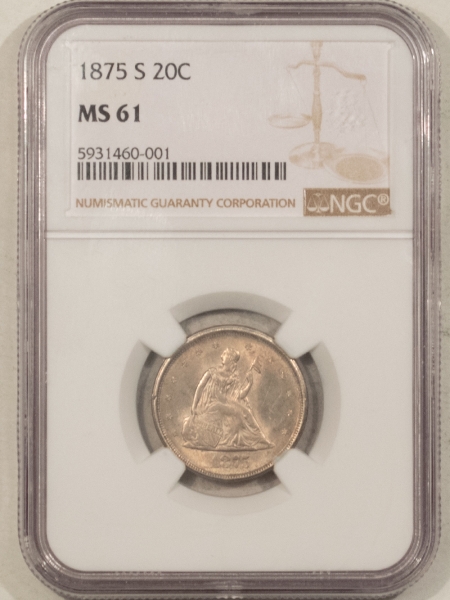 New Certified Coins 1875-S TWENTY CENT PIECE – NGC MS-61, SMOOTH