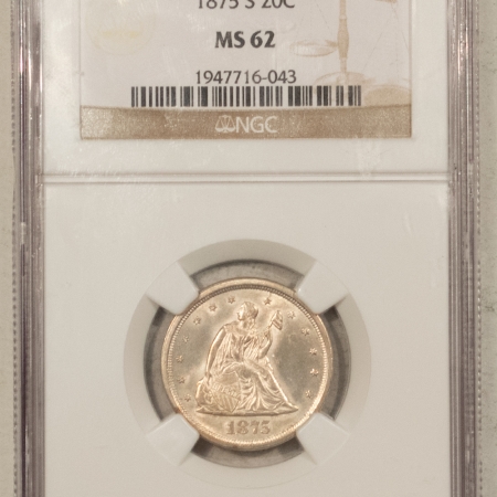 New Certified Coins 1875-S TWENTY CENT PIECE – NGC MS-62, FLASHY!