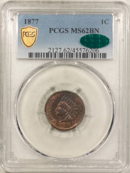 Indian 1877 INDIAN CENT PCGS MS-62 BN CAC, FRESH PREMIUM QUALITY & CHOICE KEY DATE!