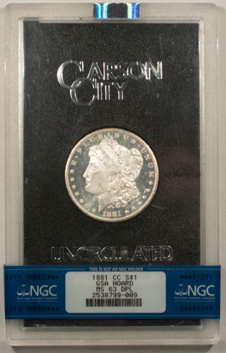 Morgan Dollars 1881-CC MORGAN DOLLAR GSA W/ BOX/COA – NGC MS-63 DPL, DEEP MIRROR PROOFLIKE!