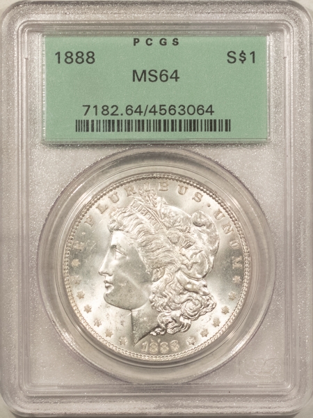 Morgan Dollars 1888 $1 MORGAN DOLLAR – PCGS MS-64, WHITE! OLD GREEN HOLDER! PREMIUM QUALITY!