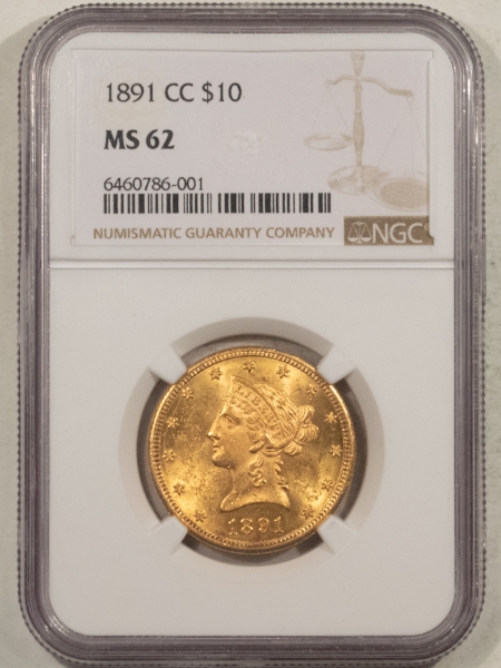 $10 1891-CC $10 LIBERTY GOLD EAGLE – NGC MS-62, FLASHY! CARSON CITY!