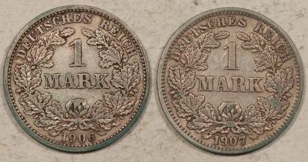 World Certified Coins 1906-D, 1907-J GERMANY 1 MARK, LOT/2 – HIGH GRADE, NEARLY UNC, LOOKS CHOICE!