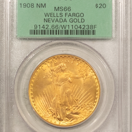 $20 1908 $20 NO MOTTO ST GAUDENS GOLD DOUBLE EAGLE – PCGS MS-66, OGH, WELLS FARGO!