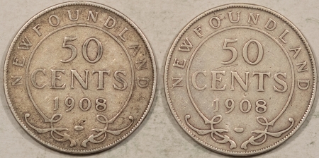 World Certified Coins 1908 NEWFOUNDLAND (CANADA) SILVER FIFTY CENTS 50C – KM-11, LOT/2 CIRCULATED