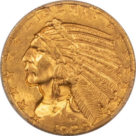 $5 1909 $5 INDIAN GOLD HALF EAGLE – PCGS MS-62, LOOKS 63+ & PREMIUM QUALITY!