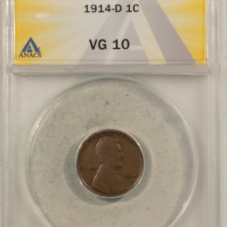 Lincoln Cents (Wheat) 1914-D LINCOLN CENT – ANACS VG-10, KEY-DATE! LOOKS BETTER!