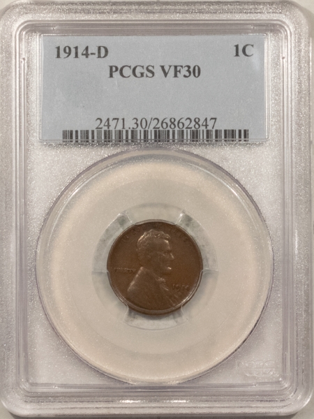 Lincoln Cents (Wheat) 1914-D LINCOLN CENT – PCGS VF-30, NICE KEY-DATE!