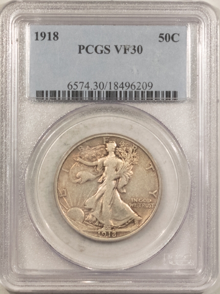 New Certified Coins 1918 WALKING LIBERTY HALF DOLLAR – PCGS VF-30, PLEASING!