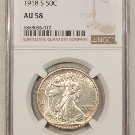 New Certified Coins 1918-S WALKING LIBERTY HALF DOLLAR – NGC AU-58, WHITE!