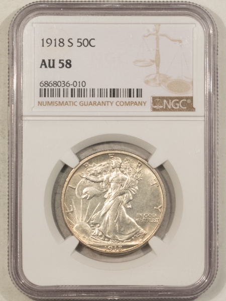 New Certified Coins 1918-S WALKING LIBERTY HALF DOLLAR – NGC AU-58, WHITE!
