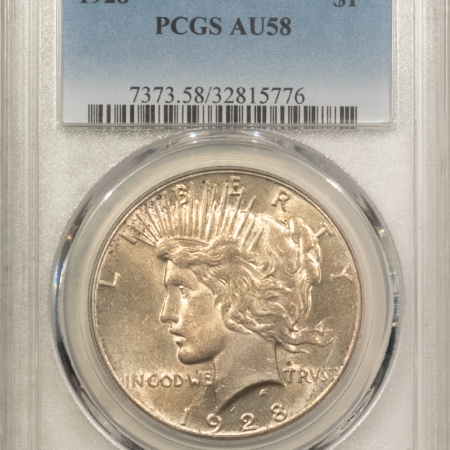 New Certified Coins 1928 $1 PEACE DOLLAR – PCGS AU-58 ORIGINAL W/ LUSTER, KEY-DATE!