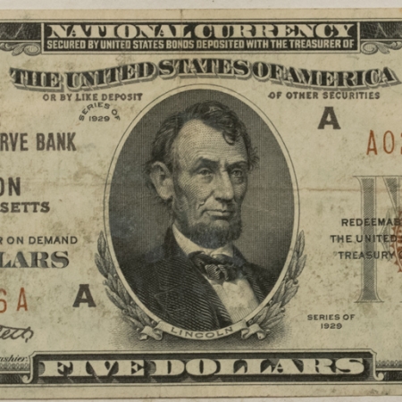 New Store Items 1929 $5 FEDERAL RESERVE BANK NOTE, BROWN SEAL, A-BOSTON, FR-1850-A, DECENT CIRC
