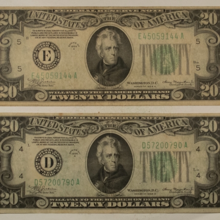 New Store Items 1934-A $20 FEDERAL RESERVE NOTES, LOT OF 2, FR-2054-D/E – NICE VERY FINE!