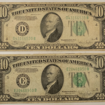New Store Items 1934-C $10 FEDERAL RESERVE NOTES, LOT OF 2, FR-2008-D/E – FINE/VERY FINE!