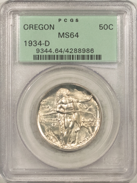New Certified Coins 1934-D OREGON COMMEMORATIVE HALF DOLLAR – PCGS MS-64, OLD GREEN HOLDER & PQ!