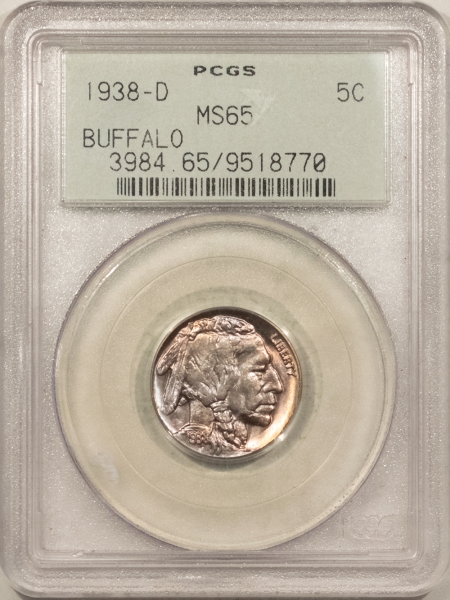Buffalo Nickels 1938-D BUFFALO NICKEL – PCGS MS-65, OLD GREEN HOLDER & PREMIUM QUALITY!