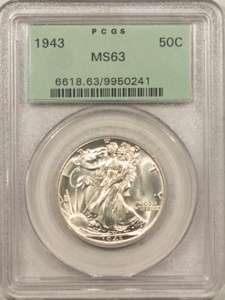 New Certified Coins 1943 LIBERTY WALKING HALF DOLLAR – PCGS MS-63, OLD GREEN HOLDER, PREMIUM QUALITY