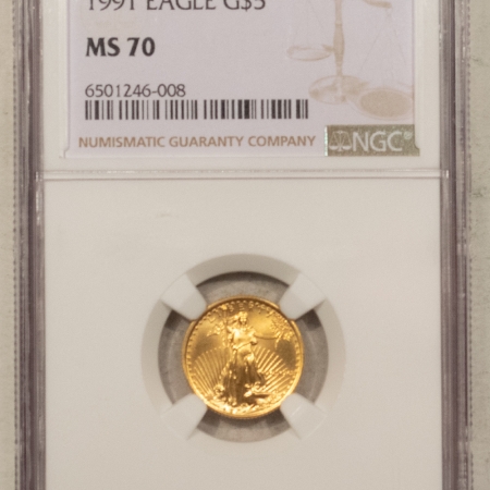 Bullion 1991 $5 AMERICAN GOLD EAGLE, 1/10 OZ- NGC MS-70, PERFECT, TOUGH DATE!