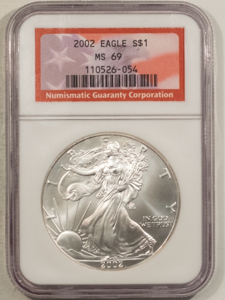 American Silver Eagles 2002 $1 AMERICAN SILVER EAGLE, 1 OZ – NGC MS-69