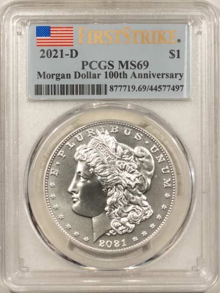 Modern Silver Commems 2021-D $1 MORGAN DOLLAR SILVER COMMEMORATIVE-PCGS MS-69, 100TH ANN, 1ST STRIKE!