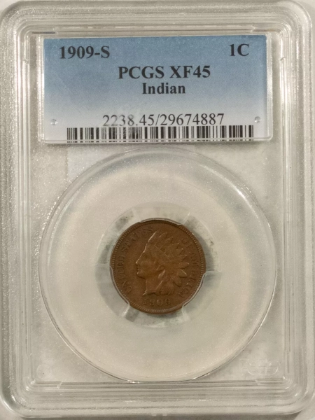 Indian 1909-S INDIAN CENT – PCGS XF-45, KEY-DATE!