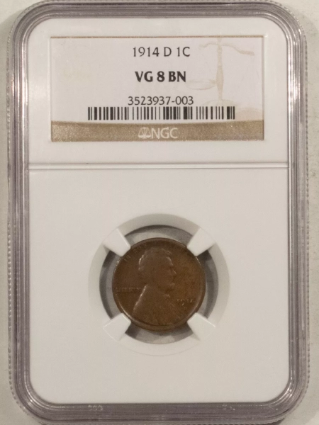 Lincoln Cents (Wheat) 1914-D LINCOLN CENT – NGC VG-8 BN, KEY-DATE!