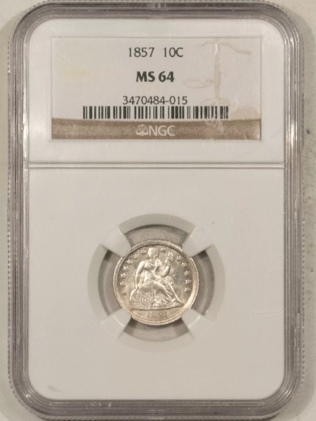 Liberty Seated Dimes 1857 LIBERTY SEATED DIME – NGC MS-64, BLAST WHITE & LUSTROUS!