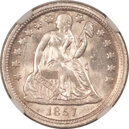 Liberty Seated Dimes 1857 LIBERTY SEATED DIME – NGC MS-64, BLAST WHITE & LUSTROUS!