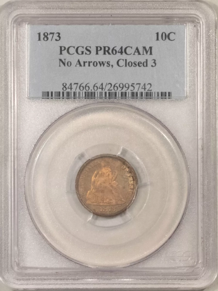 Liberty Seated Dimes 1873 PROOF SEATED LIBERTY DIME, NO ARROWS, CLOSED 3 – PCGS PR-64 CAM! CAMEO!