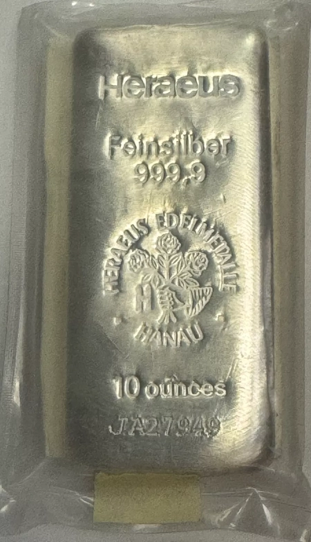 Bullion 10 OZ .9999 FINE SILVER BAR, HERAEUS, SEALED W/ COA, SERIAL NUMBER JA27949