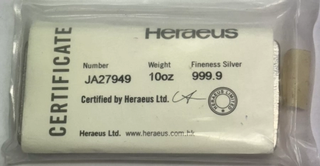 Bullion 10 OZ .9999 FINE SILVER BAR, HERAEUS, SEALED W/ COA, SERIAL NUMBER JA27949