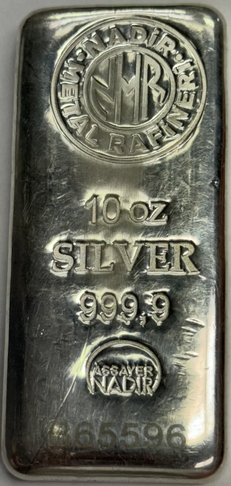 Bullion 10 OZ .9999 FINE SILVER BAR, NADIR METAL RAFINERI, W/ SERIAL NUMBER B65596