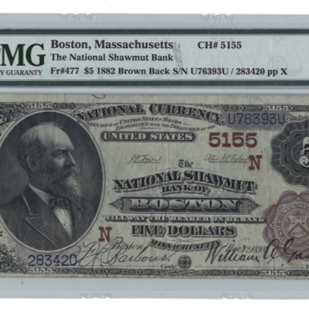 Large National Currency 1882 $5 BROWN-BACK, NAT. SHAWMUT BANK OF BOSTON, CHTR 5155, PMG VF-25-A BEAUTY!
