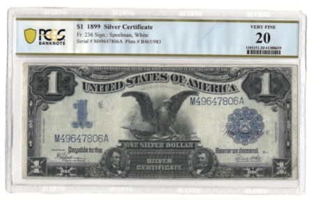 Large Silver Certificates 1899 $1 SILVER CERTIFICATE, “BLACK EAGLE”, FR-236, SPEELMAN-WHITE, PCGS VF-20!